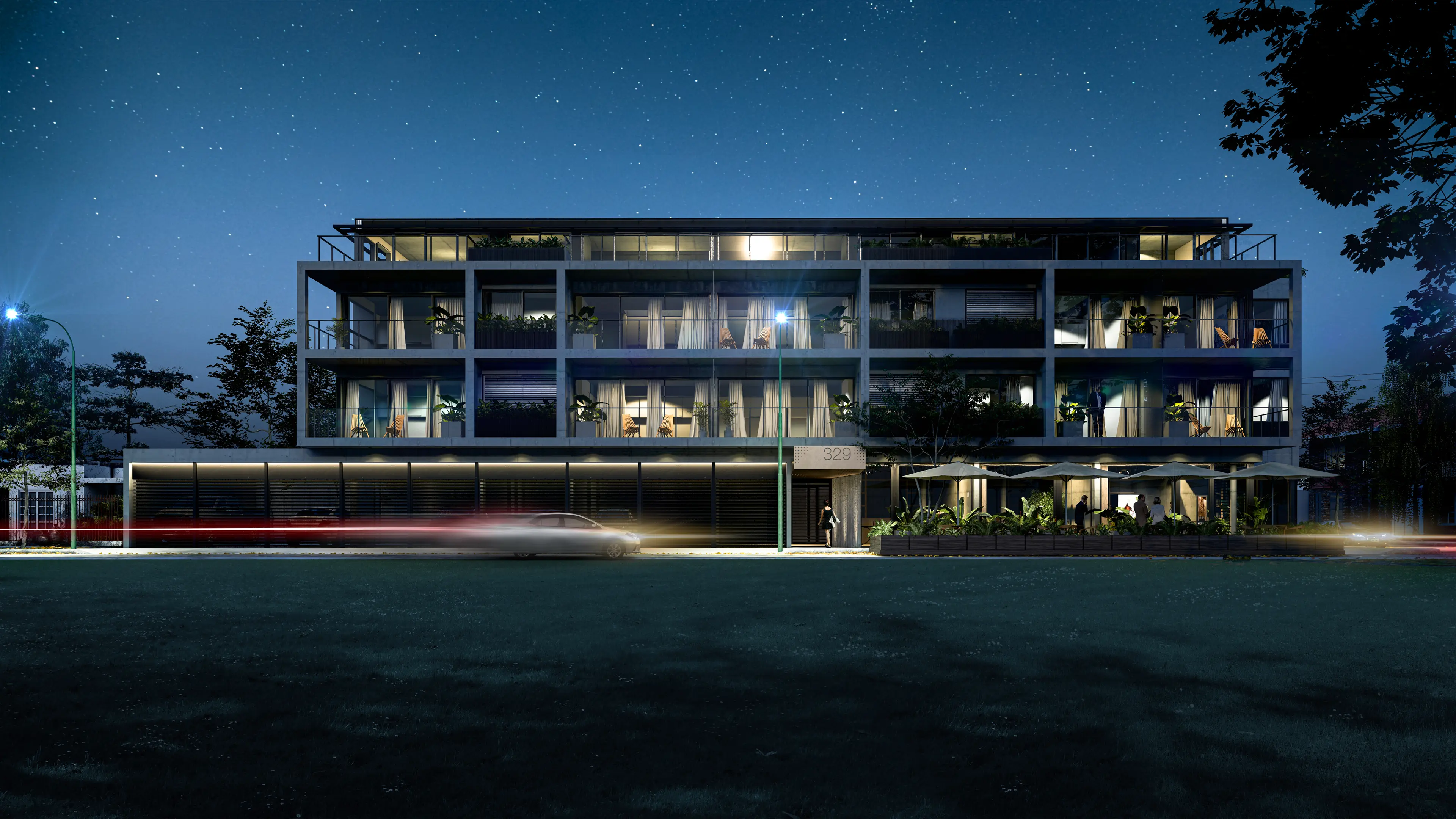 Render exterior casa moderna minimalista en entorno natural