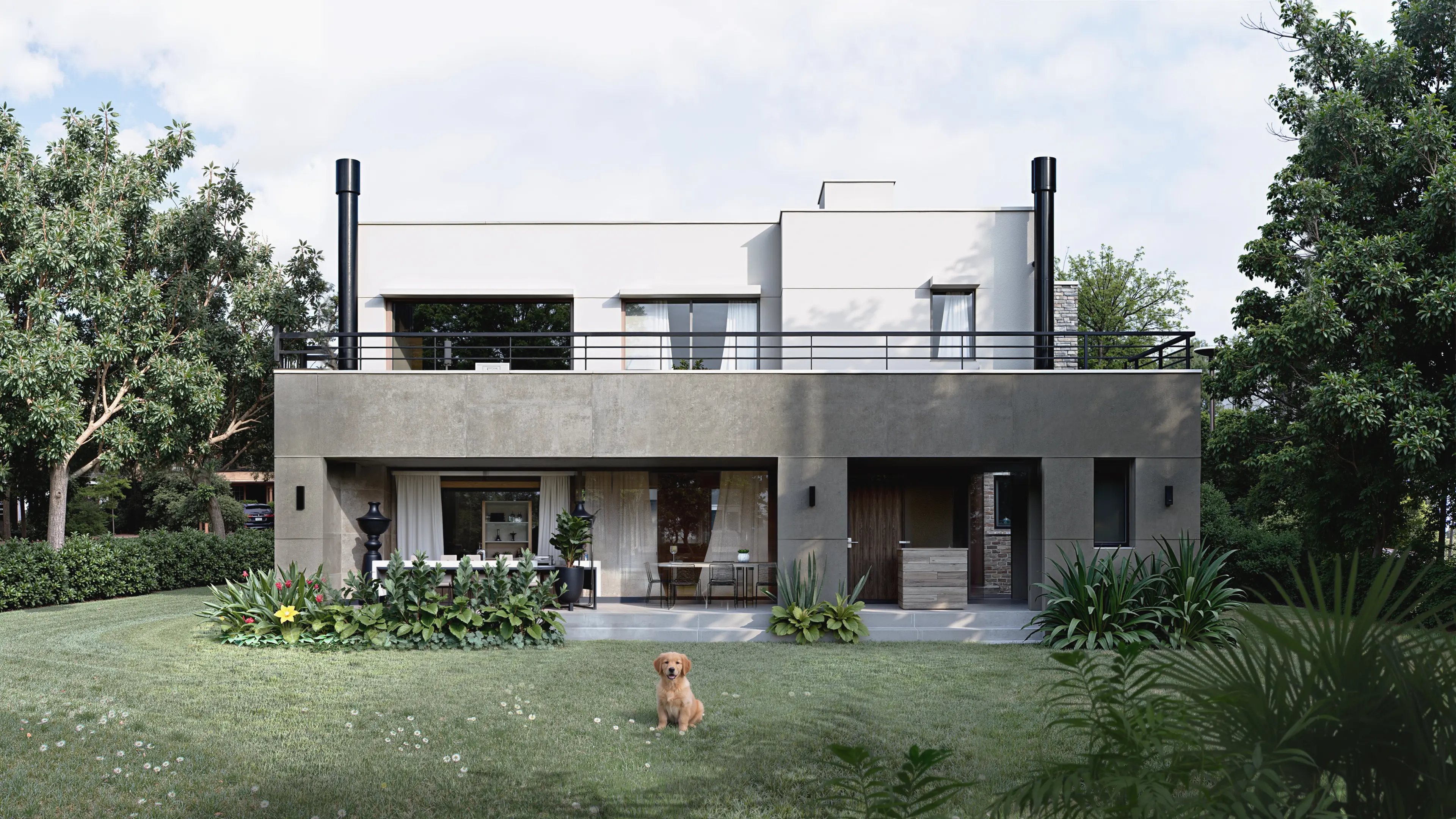 Visualización 3D conjunto residencial vista aerea