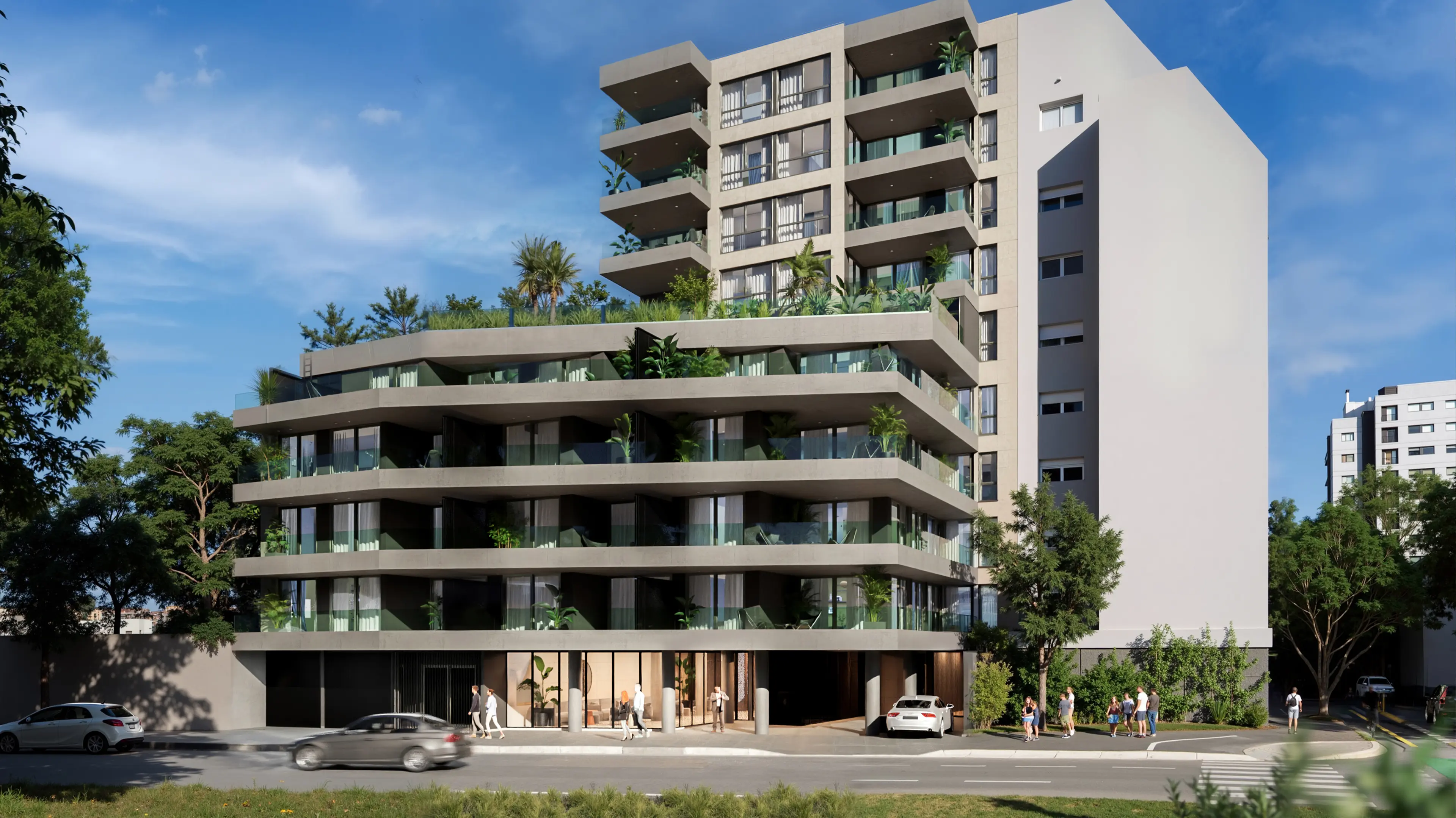 Render proyecto inmobiliario al atardecer iluminación cálida